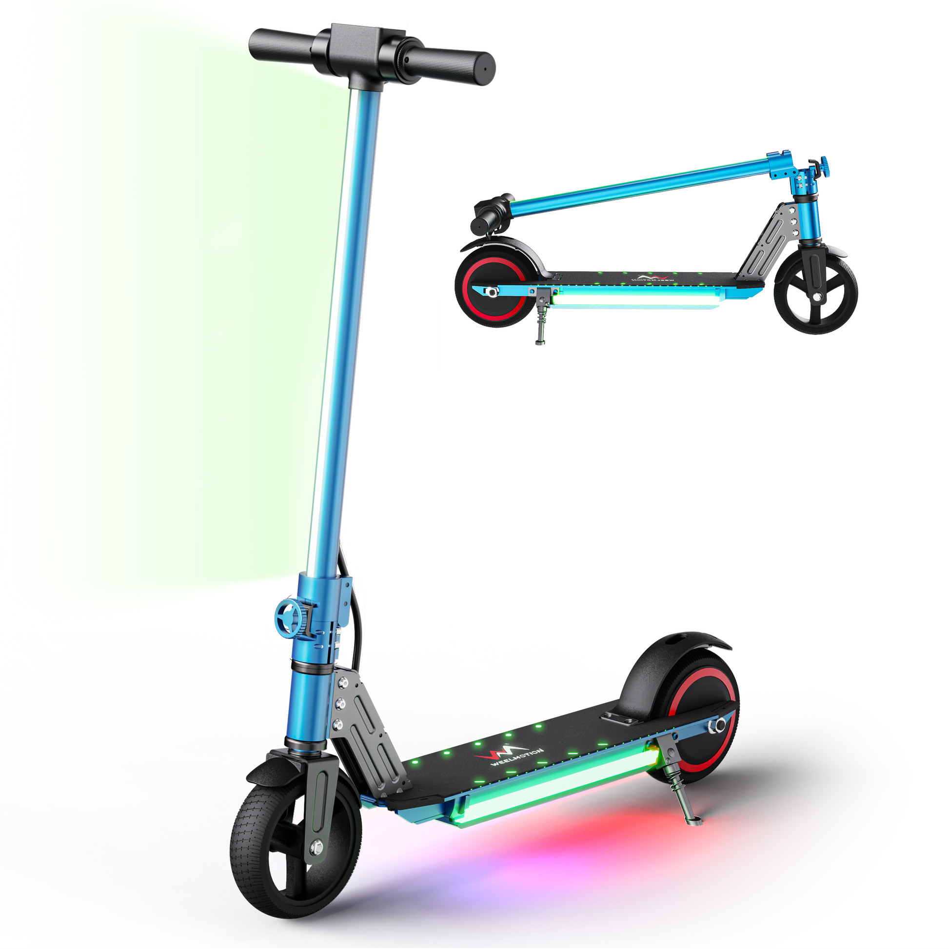 WEELMOTION Classic Blue 6.5 Inch Electric Scooter for kids 150W Motor with front Led lights and colorful rainbow pedal lights easy fold scooter for